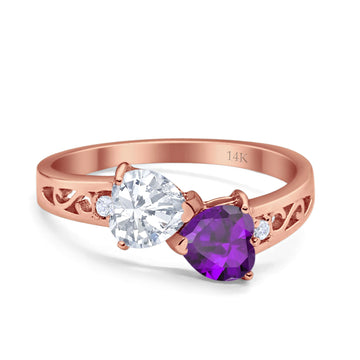 14K Rose Gold Double Heart Ring Bridal Wedding Engagement Ring Simulated CZ Size-7